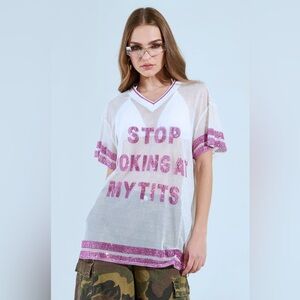 AKIRA White Mesh Jersey with Pink Sequin Slogan
